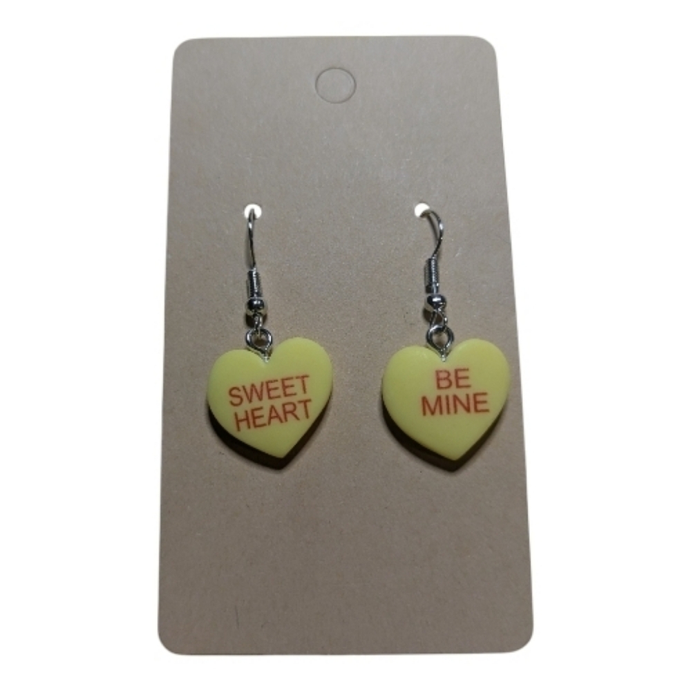 Conversation Heart Earrings Yellow Sweet Heart Be Mine Dangle NEW